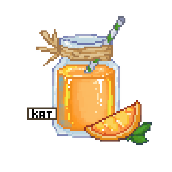 this is a pixel art image depicting a mason jar filled with orange juice.  a straw is sticking out of the jar, and a slice of orange with a mint leaf sits next to it. the jar is tied with a piece of twine. the style is reminiscent of 8bit or retro video game graphics.  a small label reading "hat" is visible near the bottom left of the jar.  the overall aesthetic is cute and summery.