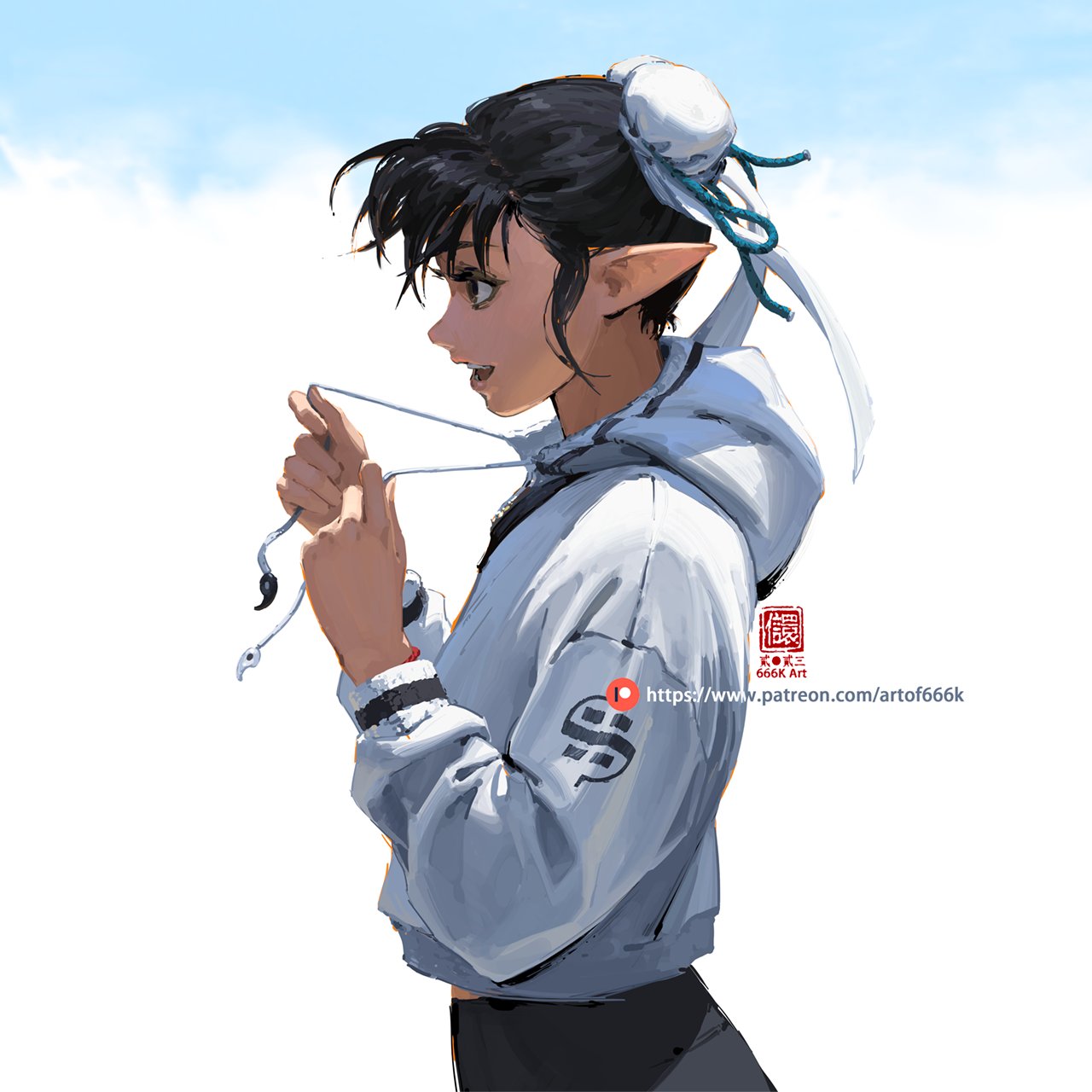 he image showcases a digital painting of a young animestyle elf girl. she is depicted from the side profile, her gaze directed to the right. her dark hair is styled in a bun adorned with a lightcolored headband, and elf ears are subtly visible. she wears a lightblue, casual hoodie with a unique logo on the sleeve. the girl appears to be adjusting the hood of her hoodie. the background features a simple, slightly cloudy sky, giving the scene a peaceful, airy atmosphere. the style of the art is painterly, with visible brushstrokes and soft blends, giving it a slightly impressionistic quality. a watermark with the artist's name and patreon link is subtly present. the overall mood is calm and serene, with a focus on the character and her attire.