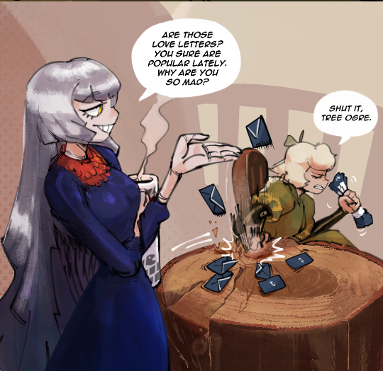 the image shows a woman with grey hair in a blue dress who is drinking tea and appears jealous or angry. there are several love letters around her, as she watches a girl with white hair and a green dress read a letter. the girl in green seems upset by the letters and looks like she is crying. the scene looks like it is taking place in a forest or woods, maybe the girl in green is a tree ogre, and she is being bothered by the love letters.