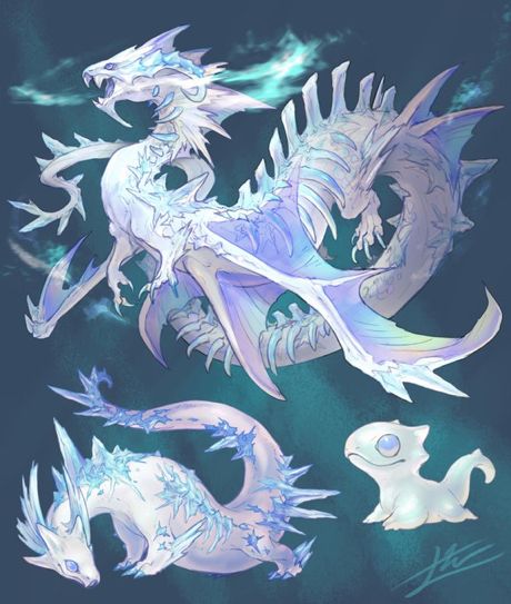 the image showcases a digital illustration of ice dragons in various stages of life. the largest dragon is depicted in a dynamic pose with its wings spread. its body is primarily white with icy blue accents and spikes along its back and head. below the larger dragon is a smaller, younger dragon with similar icy blue accents. finally, a baby dragon sits at the bottom right, featuring a simpler, rounded design. the background is a muted blue with hints of mist or magic.