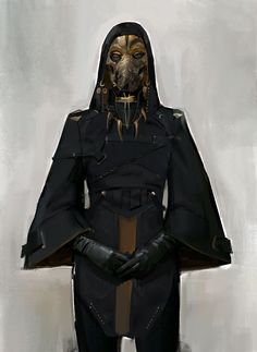 a digital painting of an alien figure in a dark hooded robe. the alien wears an intricate mask that obscures its face, adding to its enigmatic presence. the figure stands against a muted gray background, drawing attention to its striking appearance and the fine details of its attire. the overall aesthetic suggests a science fiction or fantasy setting.