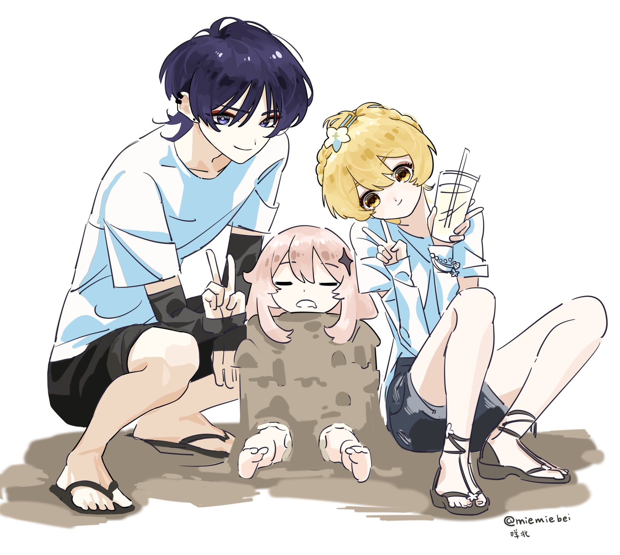 this is a cartoon illustration of three anime characters enjoying their summer vacation at the beach. they are all smiling and looking happy,  wearing summery clothes, and having fun in the sand. the boy is sitting on the ground with his legs crossed, while the girl is holding a cup of iced drink and the other girl is buried in the sand up to her waist, and peeking out from the hole.