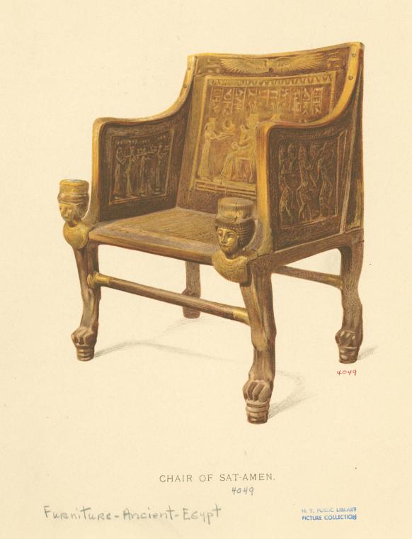 a drawing of a chair from ancient egypt, labeled as the "chair of satamen". it is made of wood, with carvings and hieroglyphics on the back and armrests. the armrests end in human heads wearing headwear, and the legs end in lion paws.