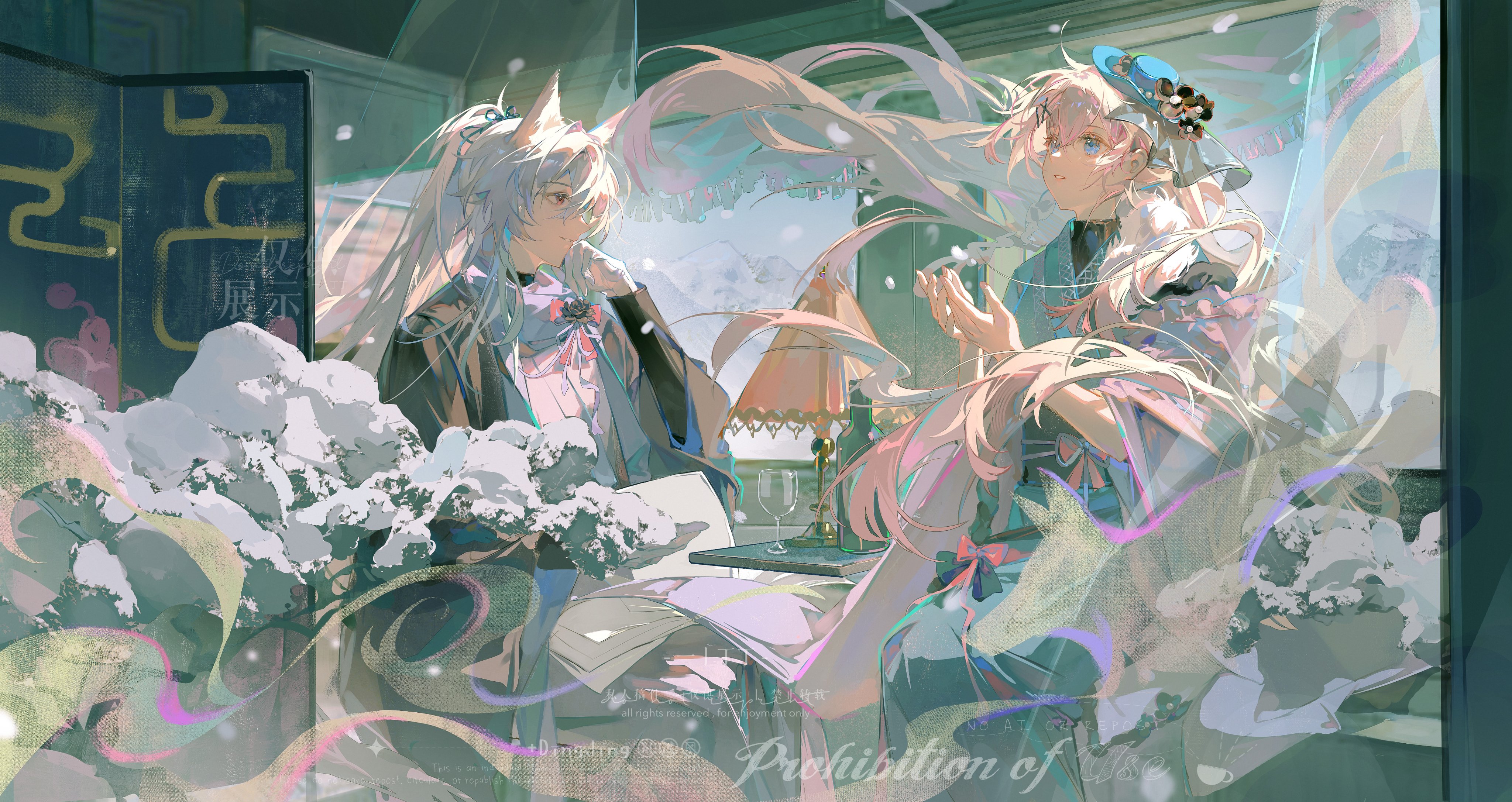 he image showcases two anime characters in a room with traditional japanese design elements. one character with long white hair and fox ears, wears a darker outfit. the other, with flowing pink hair and a blue hat, wears a lighter, more ornate outfit. snow falls outside the window, casting a soft light on the scene.  the art style is soft with a slightly muted color palette, emphasizing the dreamlike atmosphere.