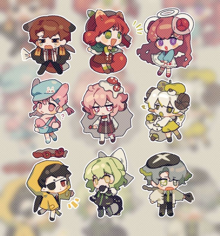 he image contains a collection of nine unique chibi character illustrations.  each character has its own distinct style, outfit, and expression. the art style is cute and playful, with vibrant colors and expressive features. the characters appear to be a diverse group with varying hairstyles, accessories, and outfits. the overall aesthetic leans towards anime or mangainspired designs, suited for stickers or a similar application.  they are arranged in a gridlike pattern against a softly textured background.