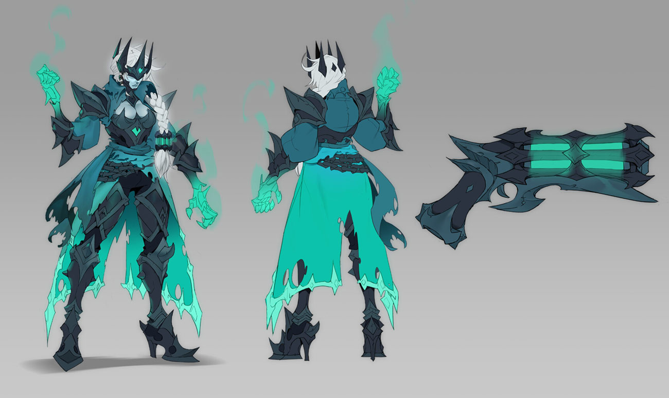 this is a concept art illustration of jinx, a champion from the video game league of legends.  jinx is a female character with white hair and blue eyes. she is wearing a teal and black outfit with armour, a flowing cape, and boots. she is wielding a gun in each hand that is firing glowing green energy. she is shown in front and back views, with a close up of the gun in the middle of the image. the art style is cartoonish and stylized.