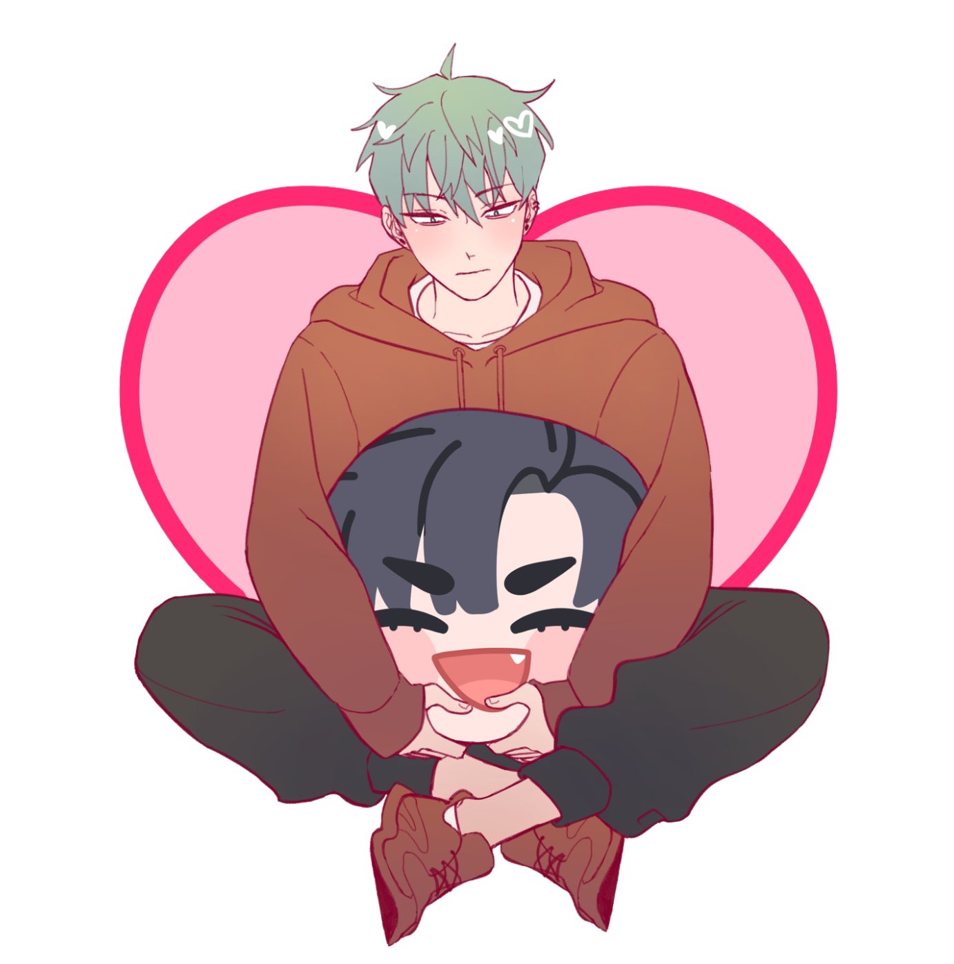 this is a digital art illustration of an anime boy sitting with his legs crossed and hugging a chibi character. the boy has green hair and is wearing a brown hoodie and black pants with red shoes. he has a heartshaped blush on his face and is smiling happily. he is holding the chibi character close to him as if he were cuddling it. the chibi character has black hair and is also smiling. they are sitting in front of a pink heartshaped background. the background is white.