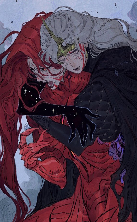 the artwork depicts two female characters in a dramatic and emotional embrace.  the woman with the long white hair is wearing a dark robe and a crown while holding the woman with long red hair wearing a red gown covered in armor. the scene is filled with a sense of sadness and sorrow. their faces and the surrounding details are expressive, suggesting a heartfelt and perhaps tragic moment between them. the artwork is done in a detailed and expressive style, using a blend of colors and textures to create a captivating atmosphere.