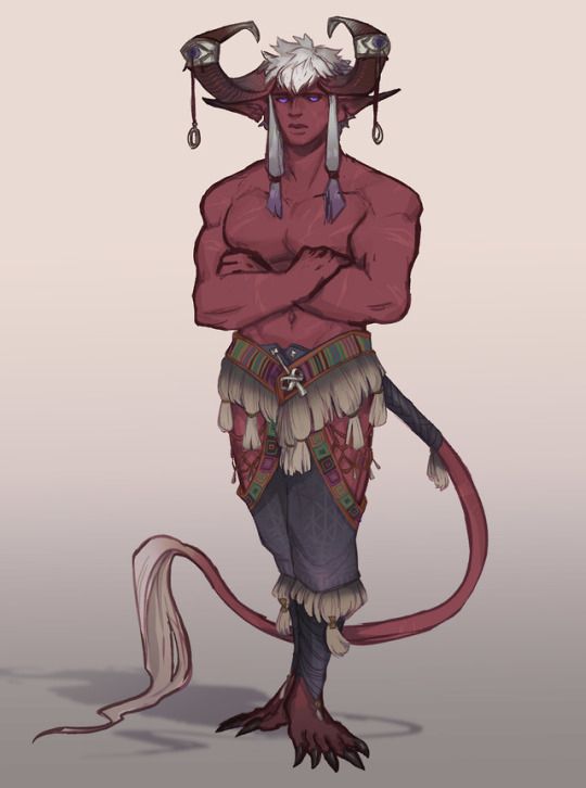 a redskinned humanoid creature with horns and a tail, is standing with its arms crossed looking fierce. it is wearing tribal clothes with a white, black, and brown fur. it has a strong muscular body. the creature has red eyes, and its horns have little white balls on top. the tail is curled around the left leg and has some white fur on it.