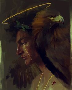 the image is a stylized portrait of a man with an eagle's head. he appears to be an angel, suggested by the faint gold halo above his head.  he is crying, with a single tear tracing a path down his cheek. his expression is one of deep sorrow and anguish. the color palette is dark and muted, emphasizing the somber mood. the lighting is dramatic, using chiaroscuro to highlight certain features while leaving others in shadow. the overall effect is one of both beauty and pain, suggesting a complex and emotional narrative.
