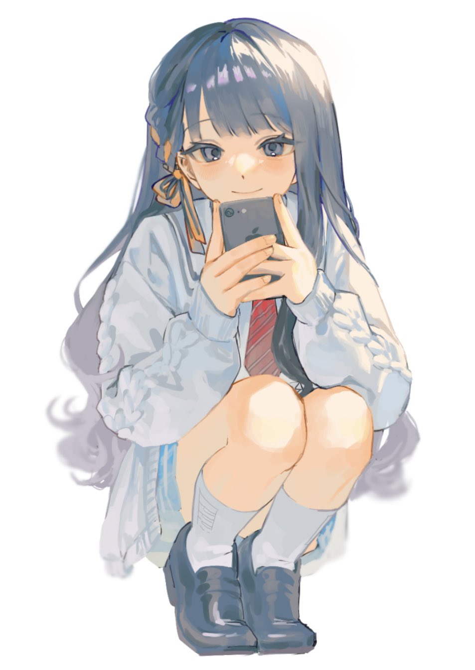 an anime girl with blue eyes and long blue hair is smiling while sitting and looking at her phone. she's wearing a white shirt, red tie, black shoes, and white socks. the background is a light color.