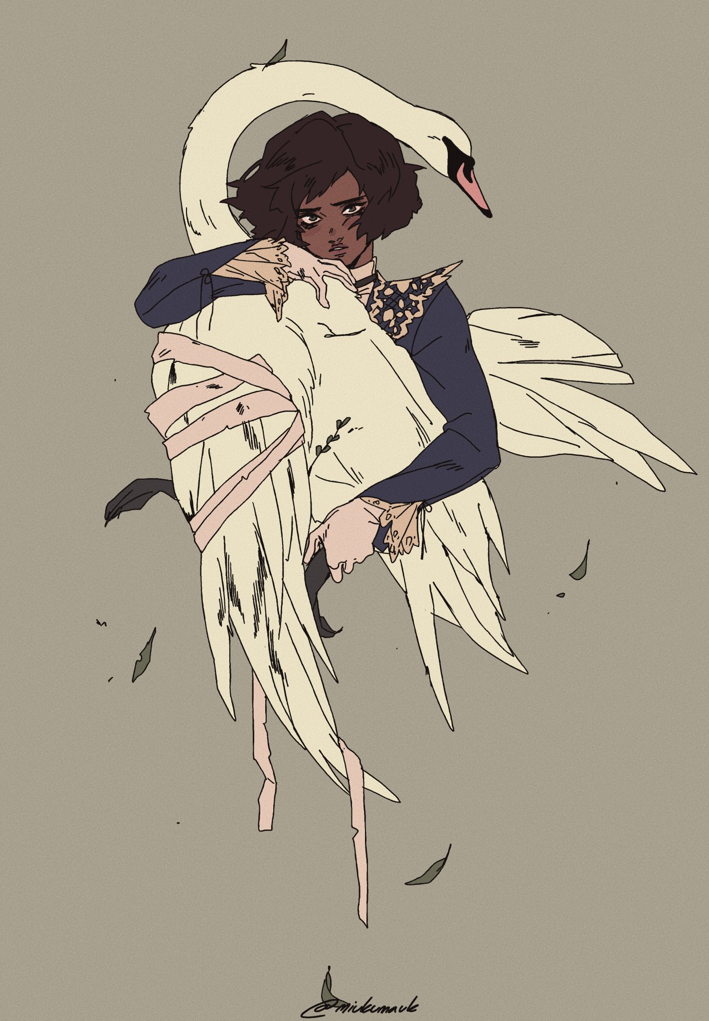 a drawing of a woman with black hair wearing a dark dress and holding a swan. the swan's neck is wrapped around her waist and its wings are spread out behind her. the woman looks sad and the swan looks injured. the background is a light brown color. the drawing is in a digital art style.