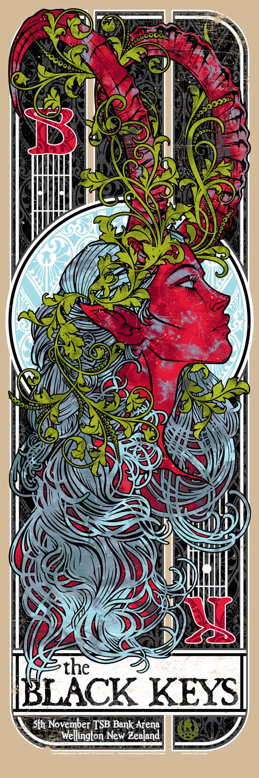 the image is a concert poster for the band the black keys. the poster features an illustration of a redskinned, horned figure with long gray hair, adorned with green leaves. the figure is set against a background with patterns and is framed by the letters "b" and "k" in a decorative style. the text at the bottom indicates the concert date and location: "5th november tsb bank arena wellington new zealand."