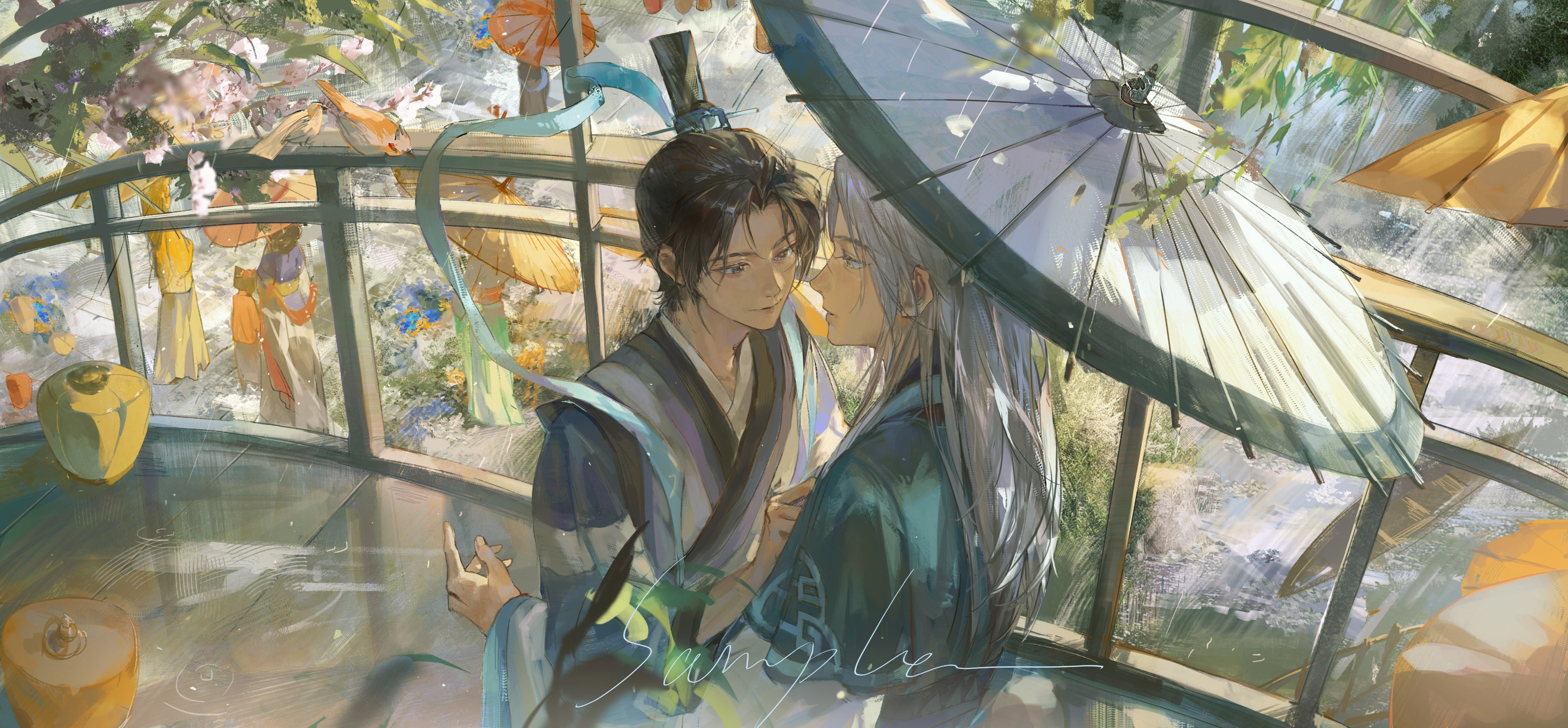 the image depicts two men in intricate hanfu, standing on a balcony overlooking a festive scene. one man, with dark hair and a blue robe, looks intently at the other, who has long silver hair and a teal robe. the silverhaired man holds a translucent umbrella, shielding them from the falling rain. lanterns and colorful decorations adorn the background, hinting at a celebration. the scene is painted in soft, muted tones, creating a romantic and dreamlike atmosphere.