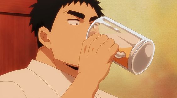 a stylized image, likely from an anime or manga, of a man with short dark hair enjoying a glass of beer. he is depicted with his head tilted back, eyes closed, and clearly savoring the moment.  the art style emphasizes his enjoyment through exaggerated facial features like thick eyebrows and a prominent jawline. the color palette is warm, further emphasizing the comforting and enjoyable atmosphere.