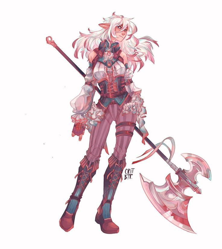 a female anime elf warrior with long white hair, wearing armor and holding an axe, stands ready for battle. the elf has white hair, big blue eyes, and wears a white shirt over an armored corset and steampunklike pants. she is holding a spear and an axe in her hands, and she has a determined look on her face. the background is plain white.