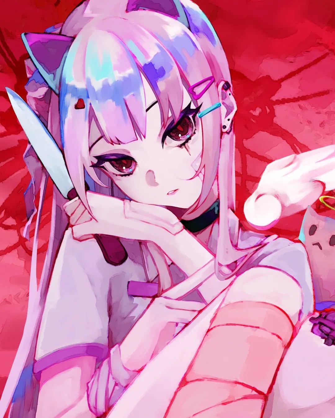 the image is a digital illustration of an anime girl with long, pink hair styled with cat ears.  she's holding a knife, and her attire includes bandages on her arm.  her expression is a blend of cute and slightly menacing.  the color scheme is predominantly pink and pastel shades, contrasted against a vibrant red background. the overall style is a mix of cute and edgy, possibly hinting at a yandere aesthetic. the art is detailed and highly stylized.