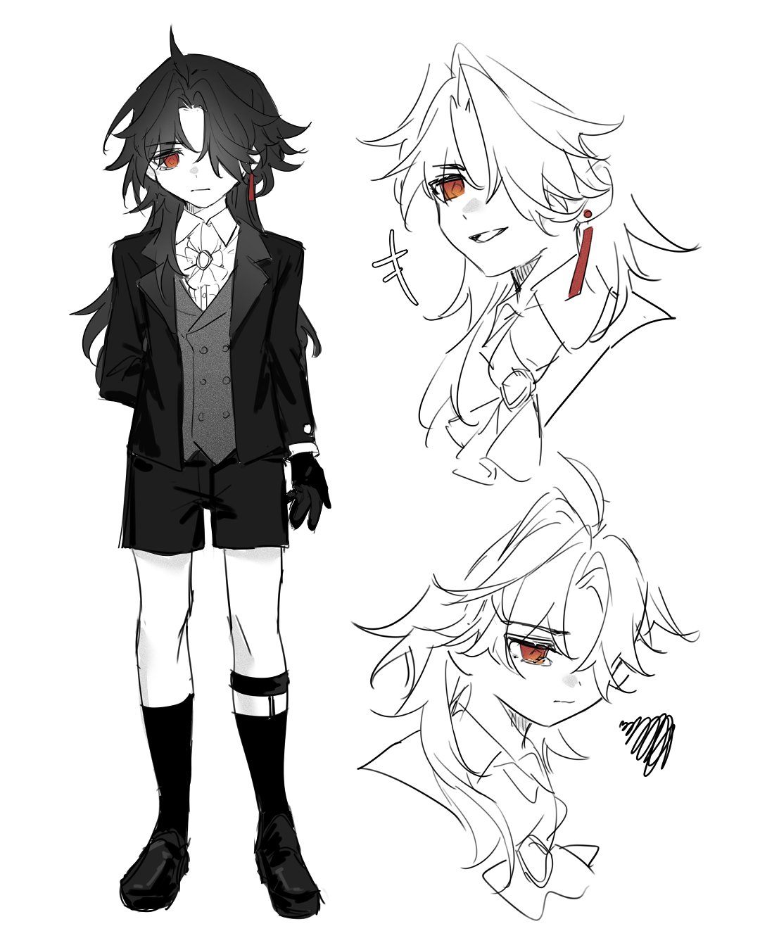 this is a digital illustration of a male anime character. the character has black hair and red eyes. he's wearing a black suit with a white shirt and a black tie. he also has a black wristband on his right wrist. he is standing with his legs spread apart. the background is white.