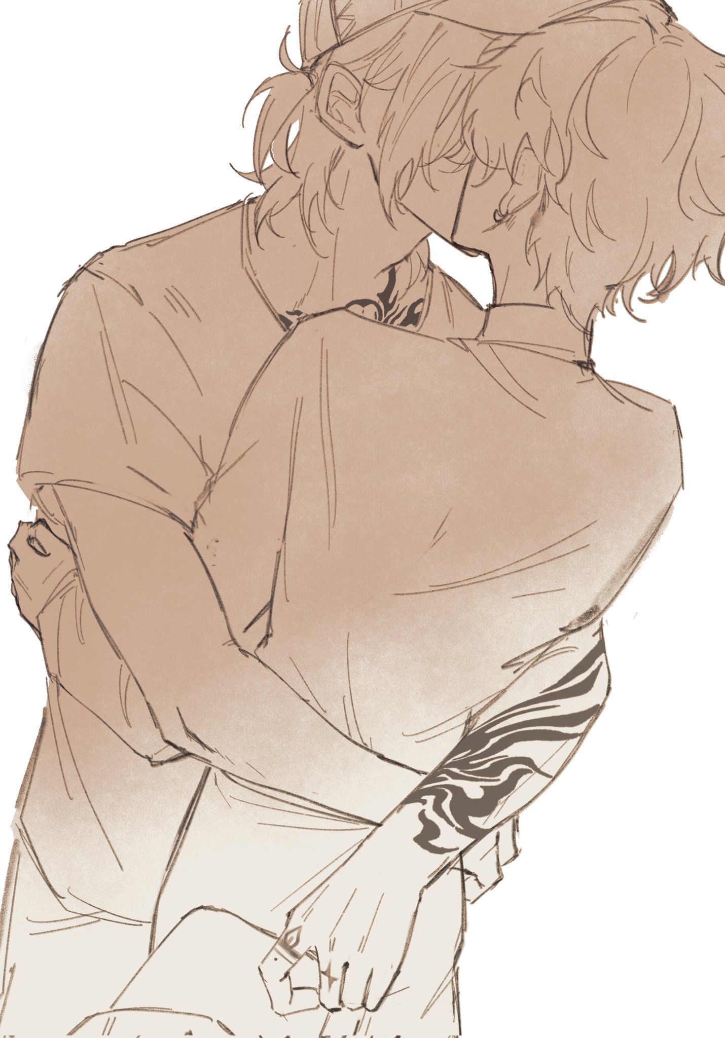 a sketch style drawing of two young men embracing, one is holding the other close and their foreheads are touching. the man in the front has long hair and a tattoo on his arm. the man in the back has a short, almost cropped haircut.
