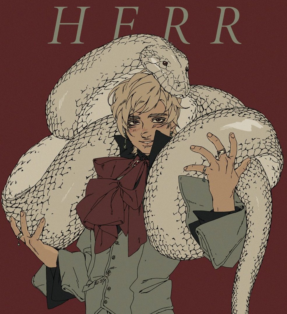 a man in a grey suit with a red bow tie is holding a large white snake with a small silver ring on his left hand. he has blond hair and his hand is on the snake's body. the background is a dark red, with the word "herr" written in white letters at the top.