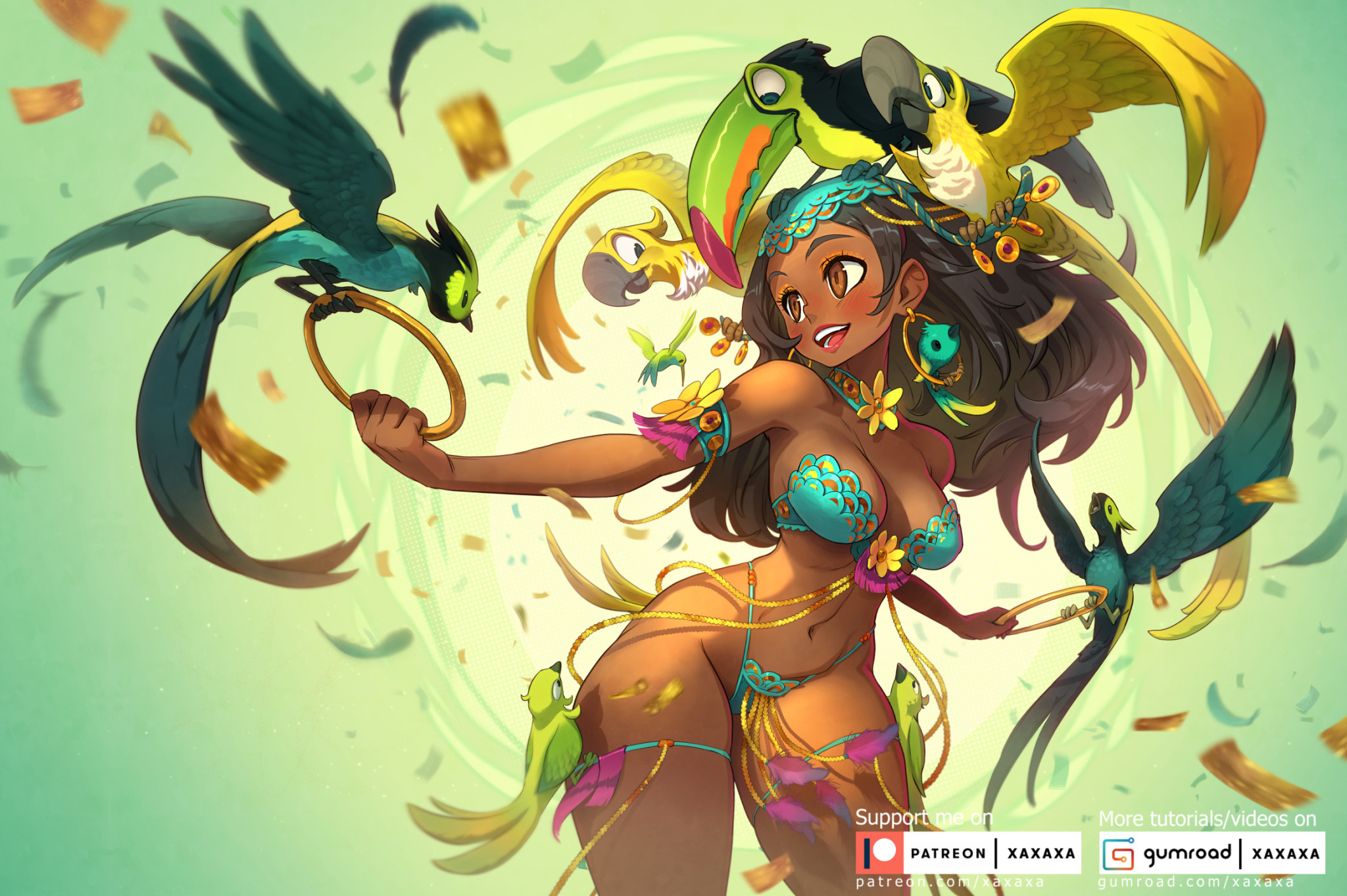 this illustration depicts a beautiful woman with long brown hair, wearing a colorful carnival costume, surrounded by tropical birds. she is smiling brightly, seemingly enjoying the vibrant atmosphere of a tropical festival. the birds around her, including toucans and parrots, add to the exotic and festive feel of the image. the vibrant colors, playful composition, and lively mood create a joyous and celebratory scene.