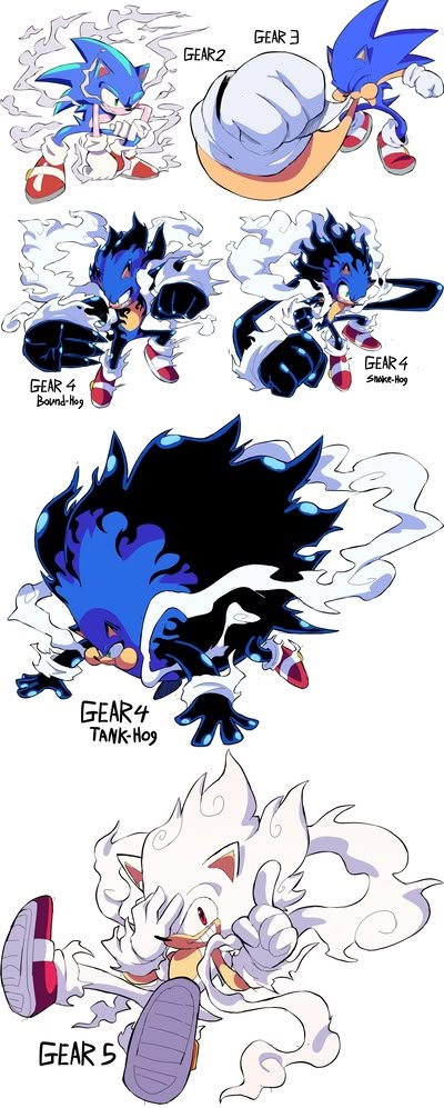 the image shows a fan art crossover between sonic the hedgehog and the transformations from the anime one piece. sonic is depicted in different "gear" forms, reminiscent of luffy's transformations. these forms include gear 2, gear 3, gear 4 boundhog, gear 4 snakehog, gear 4 tankhog, and gear 5.