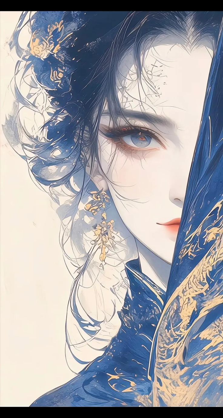 he image is a digital painting or illustration of a young woman with long, dark hair styled in an elaborate updo adorned with gold accents. she's wearing a blue, flowing dress or robe with gold detailing.  only half her face is visible, partially obscured by the fabric draping over her shoulder. her eyes are large and expressive, with a distinct blue iris, and her makeup is subtly applied. the overall style is elegant, mystical and somewhat mysterious, with a blend of traditional chinese or east asian elements. the art style is highly detailed and uses soft, flowing lines and subtle color gradients. the background is a simple offwhite, drawing focus to the woman and her attire.