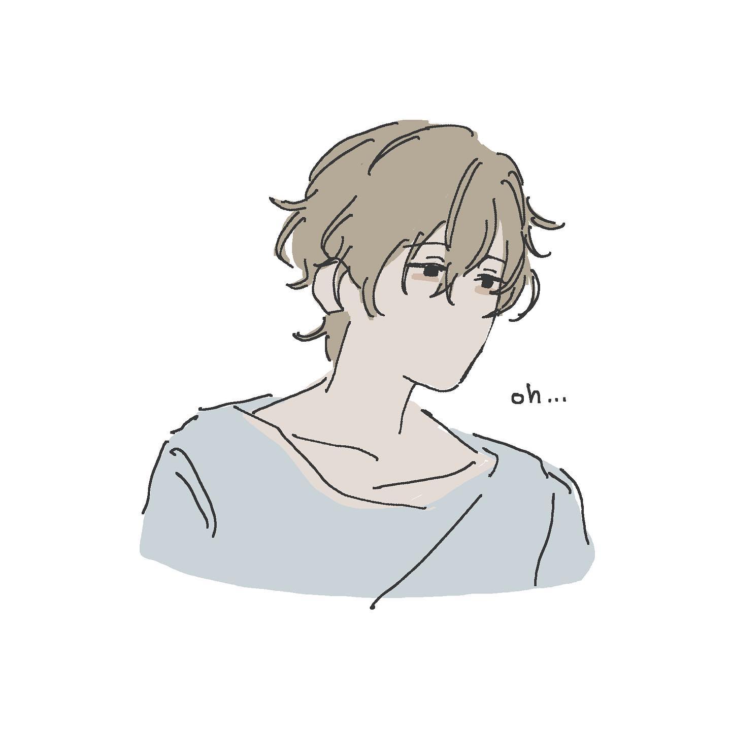 a minimalist line art illustration of a young man with tousled, light brown hair. he is drawn from the chest up, facing slightly to the right with his eyes downcast and a neutral expression.  the word "oh..." is written beside his face, suggesting a feeling of disappointment or resignation. he wears a simple, loosefitting shirt colored in pale blue tones. the overall style is soft and muted, emphasizing a sense of introspection and quiet emotion.