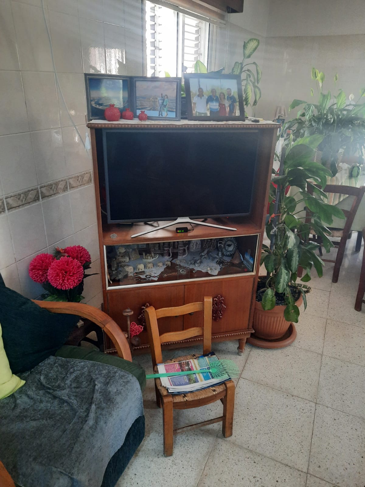 the image shows an indoor setting, likely a living room, with various furniture pieces. a large television is placed on top of a wooden cabinet. the cabinet has a glass display case with items inside. several plants in pots are positioned around the cabinet and in the background. picture frames with photographs are displayed on the top of the cabinet. a small wooden chair with a newspaper and a green fan on the seat is placed in front of the cabinet. part of a couch with a green cushion is visible on the left. the floor is tiled.