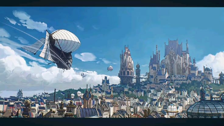 an illustration of a steampunkstyle city with airships floating in the sky. the city is built on a hillside and features a variety of architectural styles, including gothic and victorian influences. one large airship is flying towards the city with sails deployed. there are two other airships in the background. the sky is blue with scattered clouds.