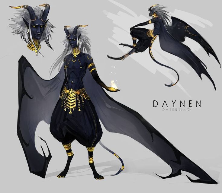 a digital illustration depicting a darkskinned demon with white hair, horns, large black wings and a gold belt. the demon has a  slender, almost androgynous, body type. the demon is depicted with black clothing, a gold belt and a black cloak. the demon is standing, with one wing extended forward and the other back, looking directly at the viewer. the demon is holding a small orb of light in his hand. the demon's name is "daynen" written in gold lettering at the bottom of the image.