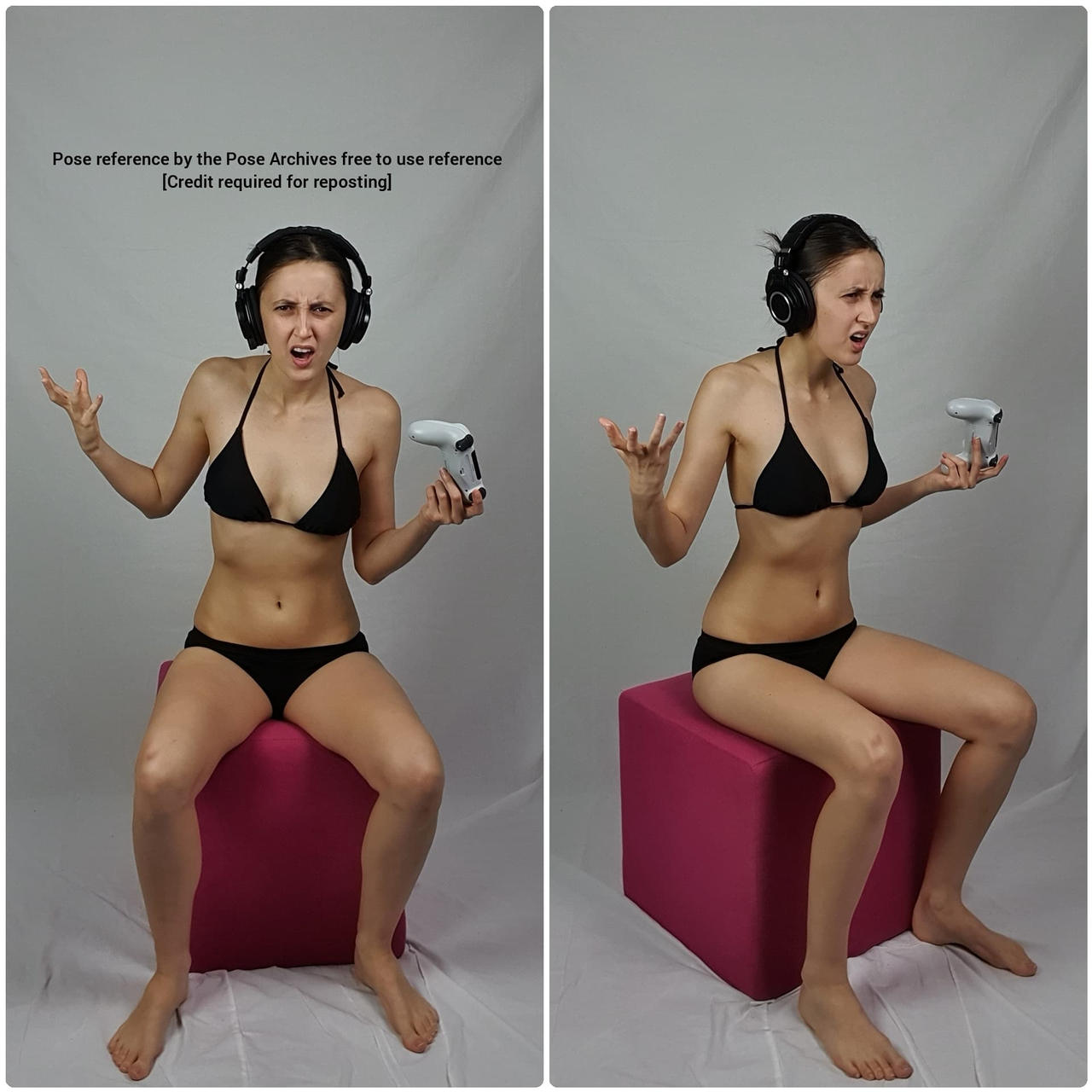 a woman wearing a black bikini and headphones is sitting on a pink cube, holding a white video game controller. she has an expression of anger and frustration on her face. the image is a pose reference, with two slightly different poses of the same woman.