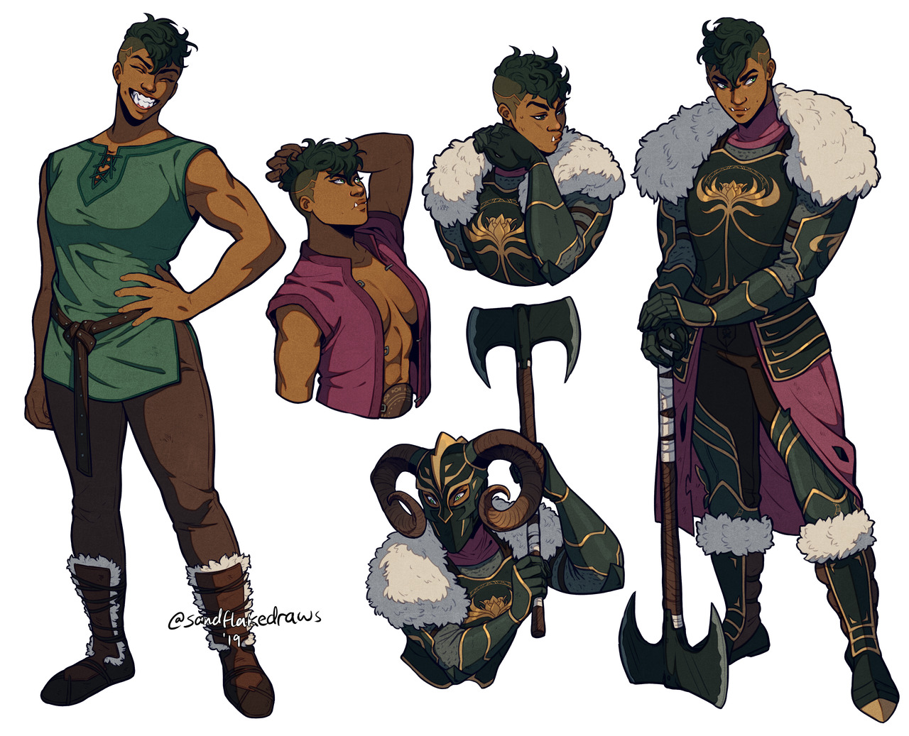 a character design sheet of a darkskinned male character with green hair, wearing a green tunic in the first pose, then shirtless in the second. the third, fourth and fifth poses showcase him in full body armor with an axe and helmet.