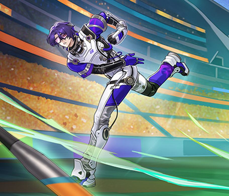 this image features a futuristic animestyle baseball character. they are wearing a white and purple uniform with technological elements and are running towards the viewer. the character has purple hair and is holding a bat behind their back, poised for a swing. the background is a vibrant stadium, which appears to be technologically advanced, with lines of vibrant colors. the entire image has a dynamic, actionpacked feel.
