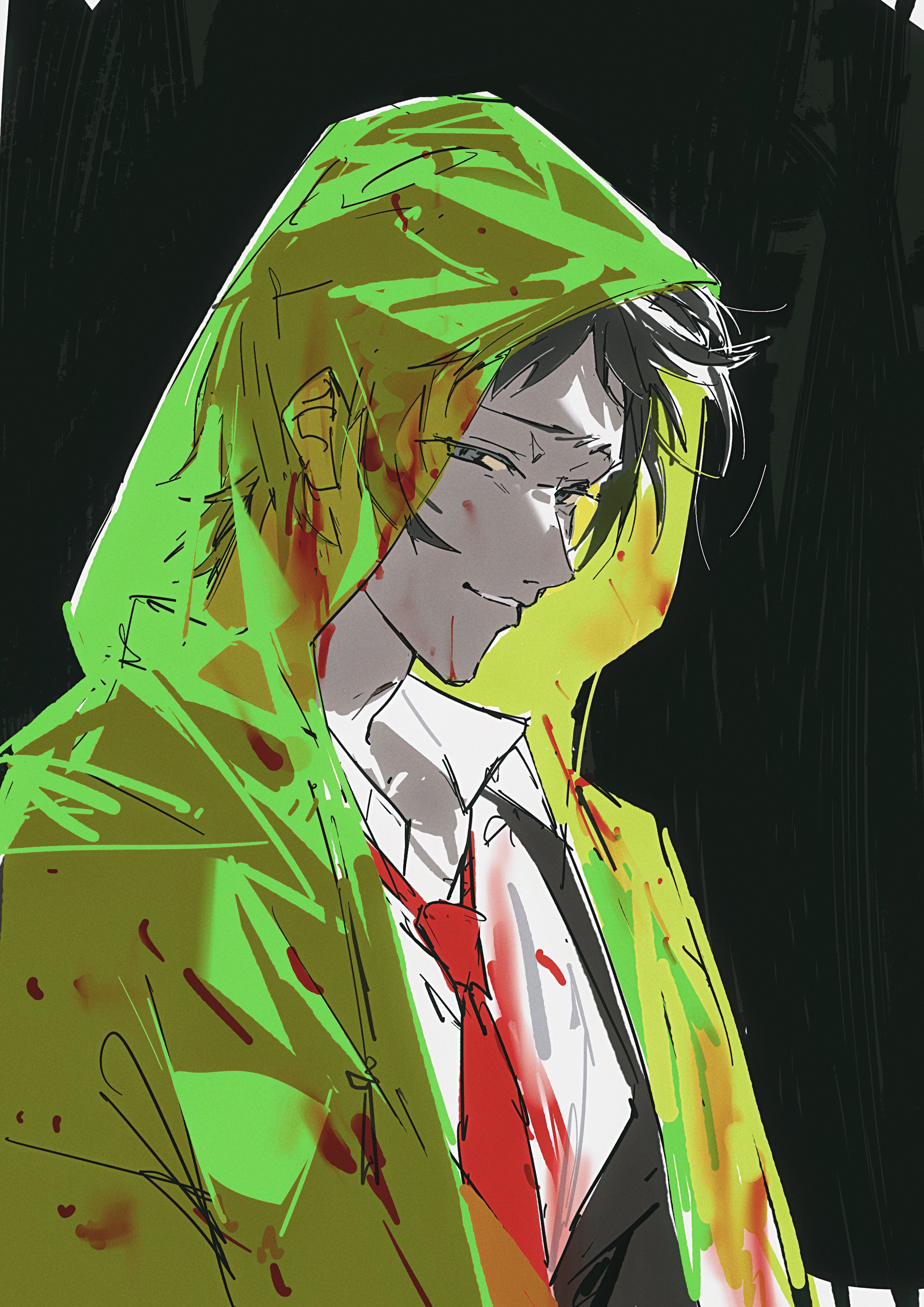 this is a digital illustration of an anime male character with dark hair. he is wearing a green jacket with a red tie, which is bloody. there are splashes of blood on the jacket and the character's face is partially covered with shadows. he has a serious expression. the background is dark and the character is the focal point of the image. it's a cool and mysterious artwork that is wellexecuted.