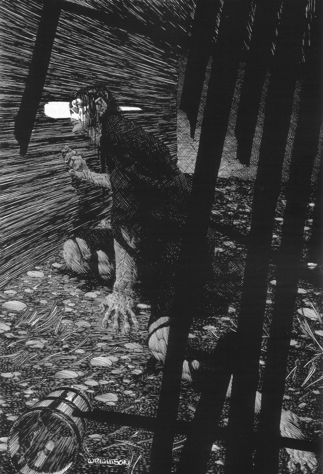 the black and white illustration depicts a terrified man, seemingly illuminated by a bright light source from the left, scrambling through a dark and ominous environment. the heavy use of shadows and contrasting light creates a sense of urgency and fear, suggesting the man is running from something horrifying. the environment is suggested through vertical lines, perhaps representing trees or bars, further adding to the feeling of confinement and claustrophobia.