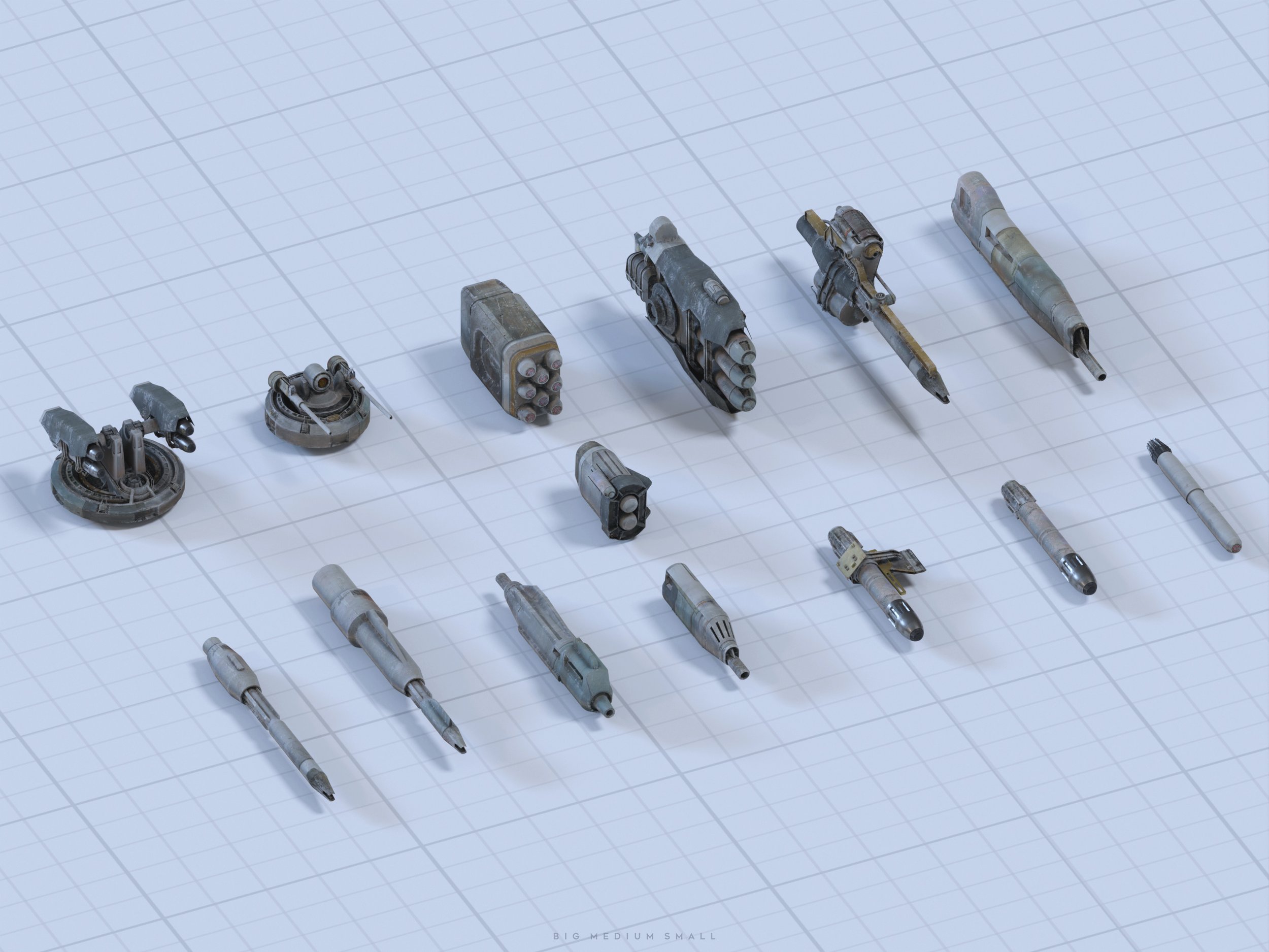 the image is a 3d rendering showcasing a collection of various spaceship weapons and weapon systems arranged on a gridded background. the weapons range in size and design, from large turrets and missile pods to smaller, handheldstyle weapons.  the sizes are labeled as "big, medium, small" suggesting a scale comparison is intended. the overall style is futuristic and scifithemed, suggesting the models could be used for a video game or similar project.  the color palette is muted, using primarily gray and offwhite tones.