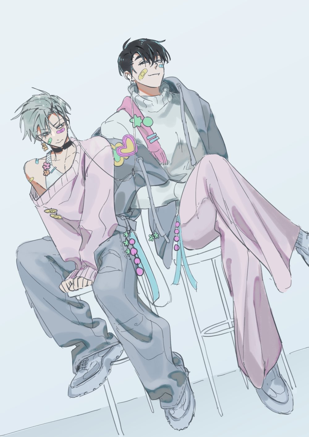 the image shows a cartoon illustration of two boys, one with silver hair and the other with black hair. they are sitting on a chair in a casual and trendy style. the boy with silver hair is wearing a pink sweater and black pants, while the boy with black hair is wearing a white sweater, a jacket and pink pants. they both have cute accessories and unique hairstyles. the artwork is in a colorful and cute style, with a soft and dreamy feel.