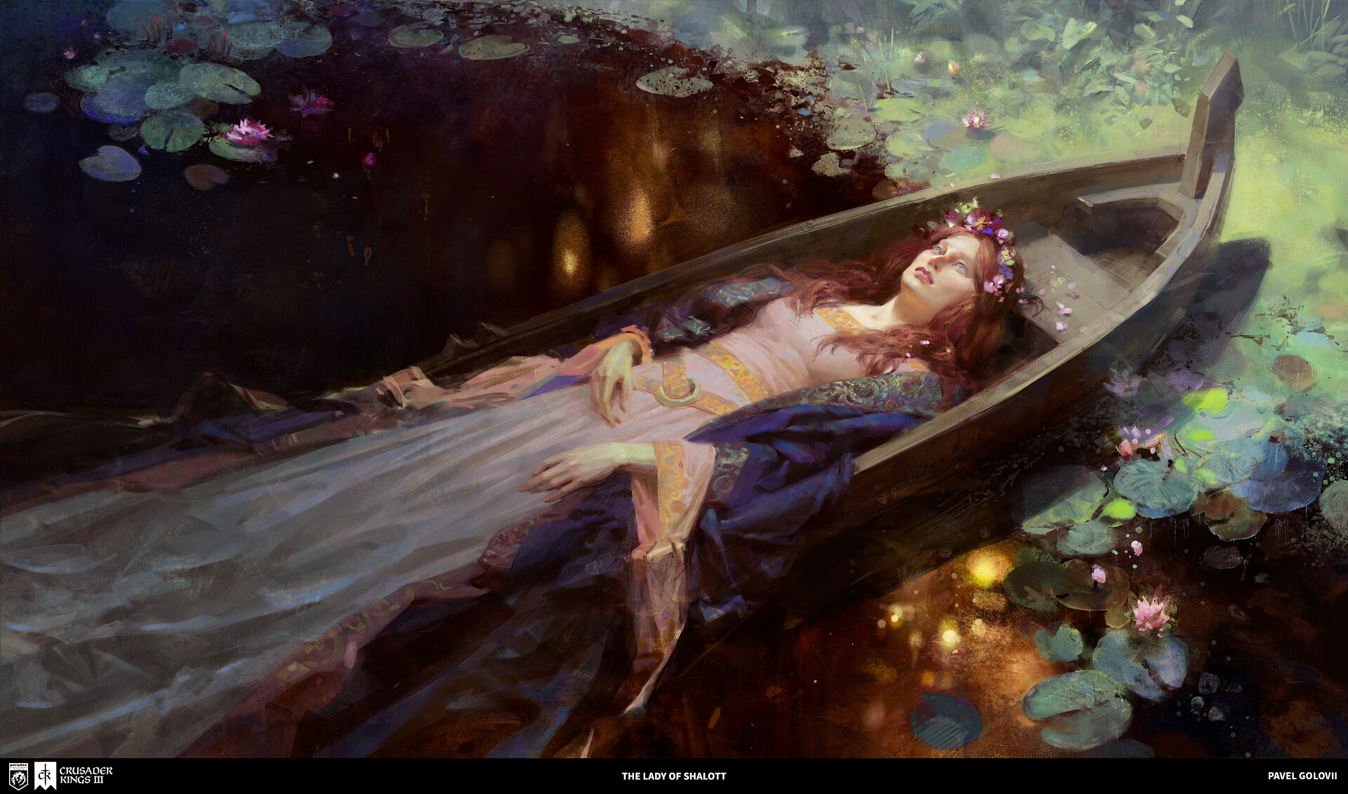 a woman in a medievalinspired gown lies peacefully in a wooden rowboat adrift on a still lake. she is adorned with a flower crown and her long red hair cascades around her. the boat is surrounded by lily pads with delicate pink and white flowers. the scene is bathed in the soft, warm light of what appears to be the golden hour, creating a serene and almost magical atmosphere.  the overall aesthetic is reminiscent of classical art movements like preraphaelite and romanticism.