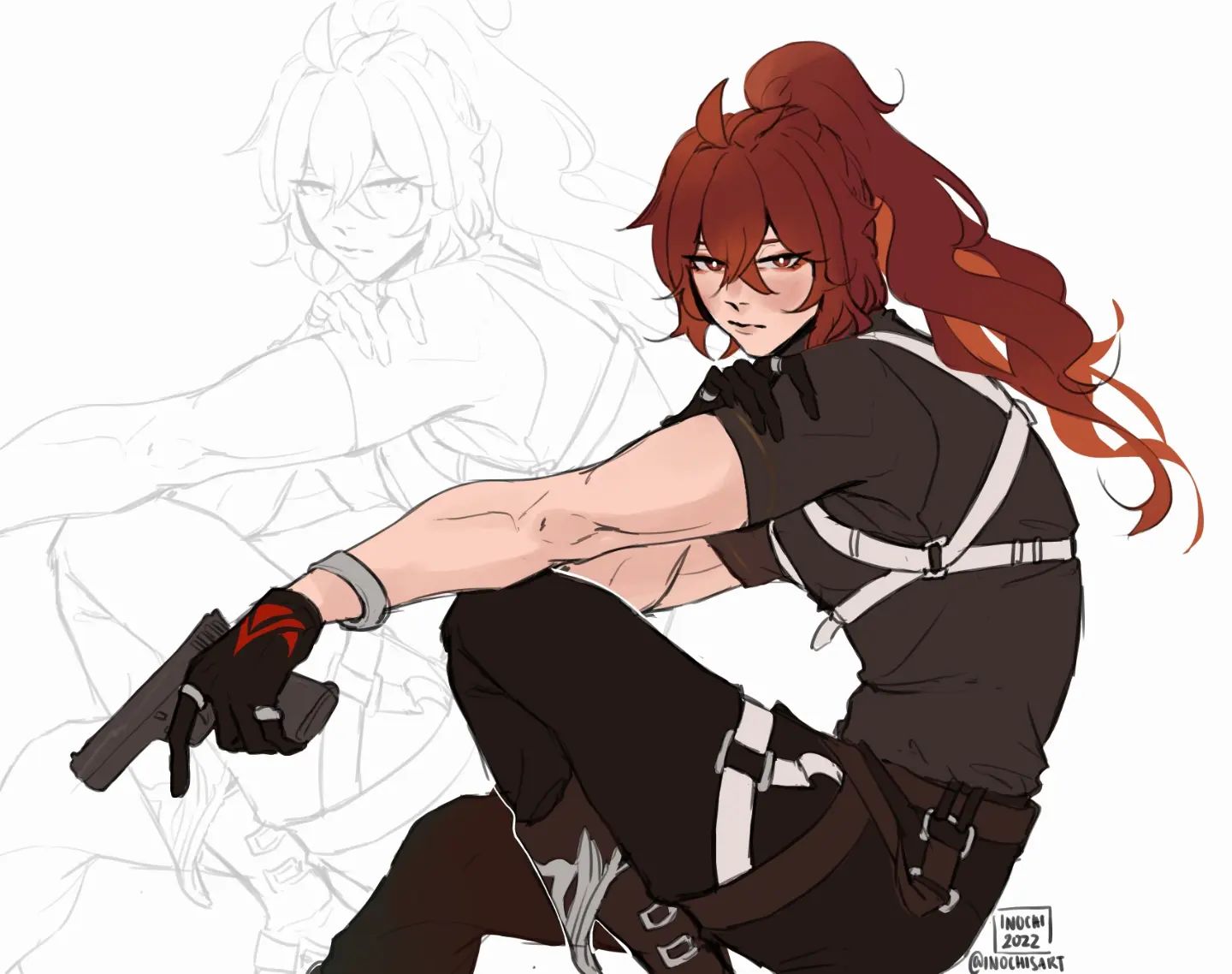 this image is a digital illustration of diluc from the game genshin impact. the image features a dynamic pose of the character, crouching with a determined expression while holding a gun. his signature red hair flows dramatically behind him. the image is partially sketched, with the right side more fully rendered, creating a sense of the artist's process. the color palette is muted, emphasizing shadows and highlights.