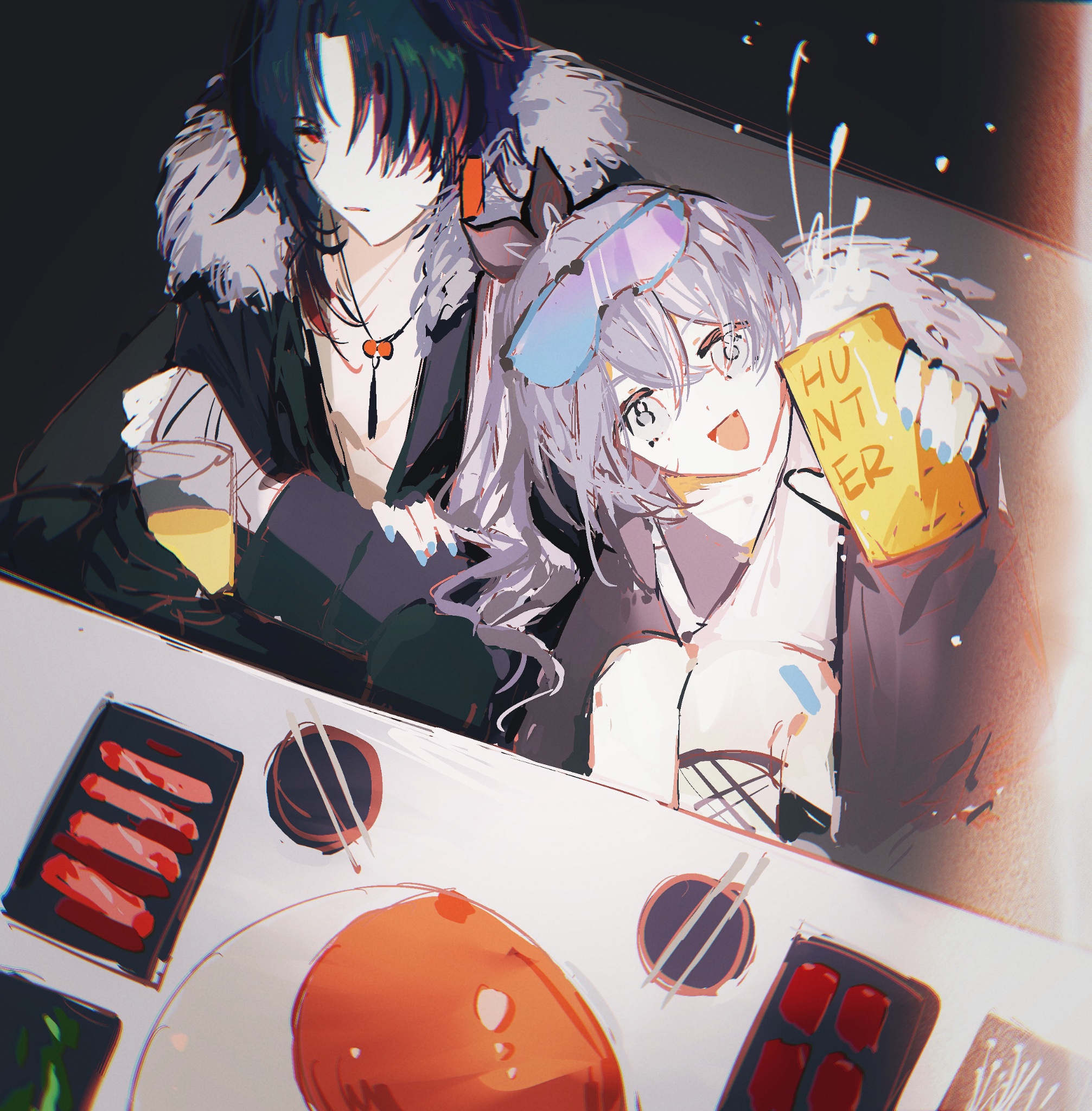 two anime girls are sitting at a table eating and drinking. the girl on the left is wearing a black jacket and white fur collar, while the girl on the right is wearing a white shirt and a black jacket. the table is set with chopsticks, a plate of food, and a glass of drink. the girls are smiling and appear to be enjoying themselves.