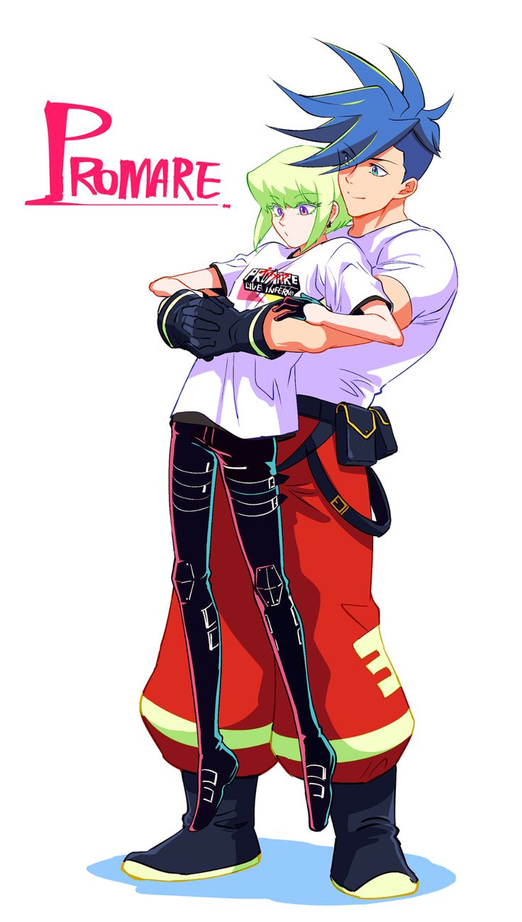 this is a vibrant and dynamic fanart illustration featuring lio fotia and galo thymos from the anime "promare".  galo, dressed in his firefighter uniform, is affectionately hugging lio. lio is wearing a black and white outfit. the art style is reminiscent of the anime's bold and colorful aesthetic. the title "promare" is written in a stylized font at the top. the overall mood is romantic and energetic.