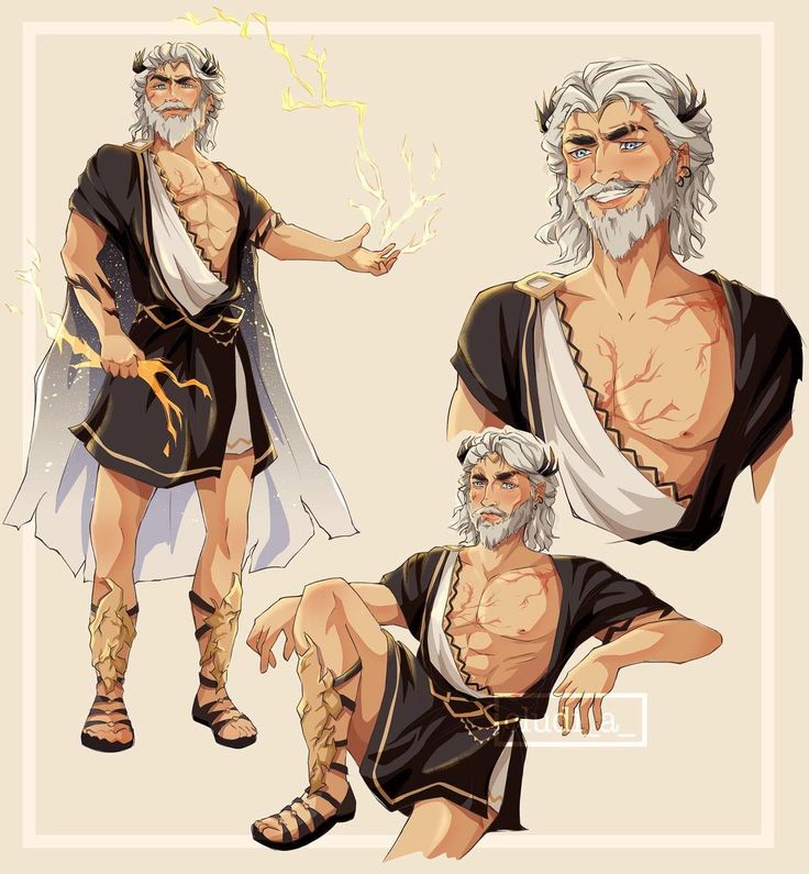 he image showcases a detailed digital illustration of a character seemingly inspired by the greek god zeus. the art features three different poses of the same character, a muscular, older man with long white hair and a beard, adorned in a dark and gold togalike outfit,  sandals with gold details, and a cape.  lightning bolts are present around the character, reinforcing his identity as a powerful figure associated with storms.  the style is a mix of classical and fantasy art, with careful attention to detail in the rendering of muscles, facial features, and clothing. the background is a simple, neutral beige, allowing the character to be the focus of the artwork. the artistic style suggests a digital painting technique with smooth shading and vibrant colors. the overall impression is that of a powerful, majestic, and somewhat intimidating character with a commanding presence.