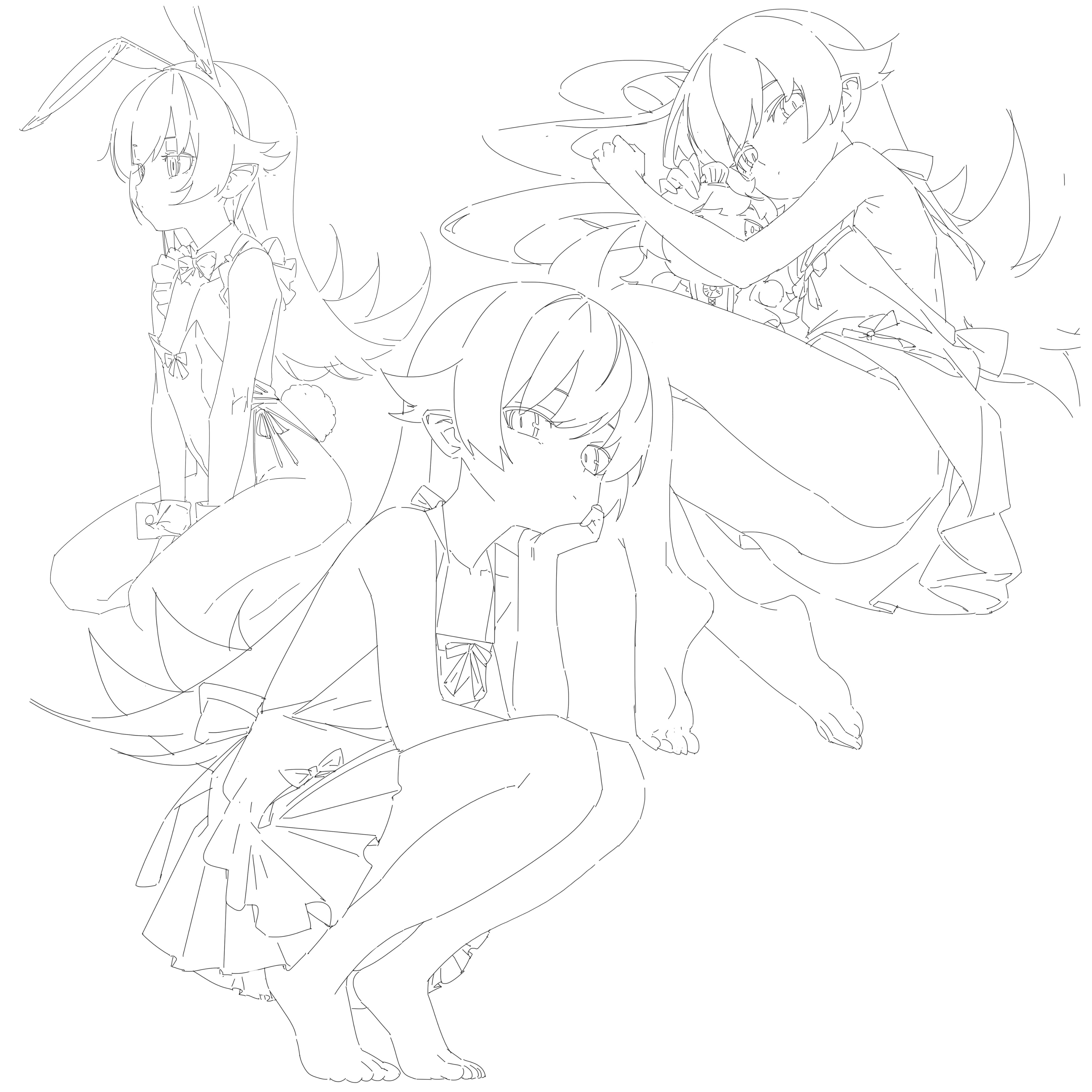 the image shows a line art drawing of three anime girls. one is kneeling in a swimsuit with a skirt, resting her chin on her hand. another is wearing a bunny suit with bunny ears and a tail, sitting with her hands in her lap. the third is floating in a flowing outfit, holding her fist to her cheek.