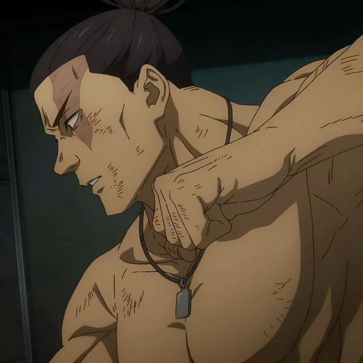 a closeup depicts a muscular, barechested man with his dark hair tied back, preparing to throw a punch. his intense gaze, scars, and the overall lighting contribute to the scene's seriousness.  he wears a simple necklace with a tag. the background suggests an enclosed and possibly gritty setting.