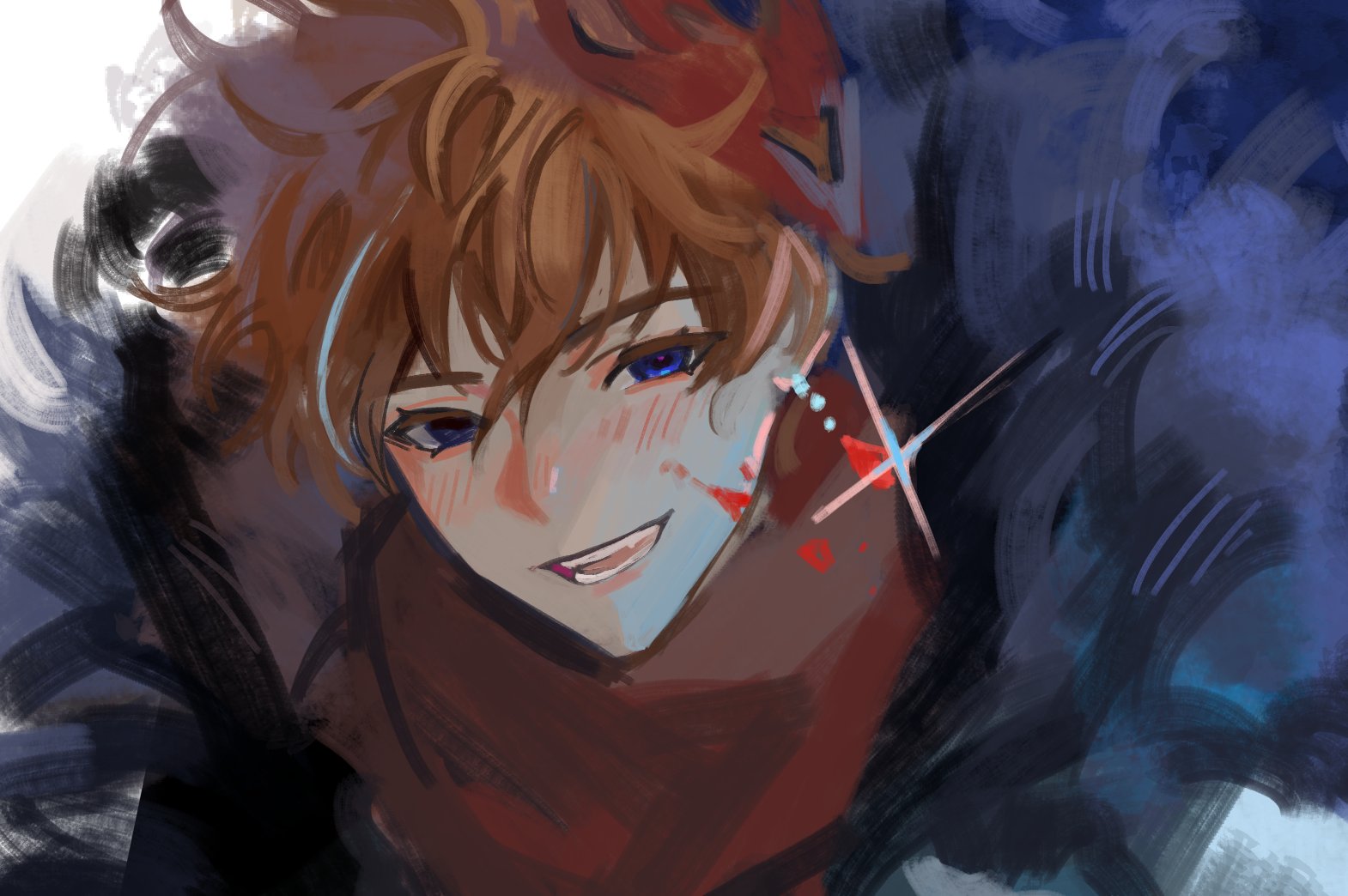 a digital painting of an anime character with brown hair and blue eyes. he is smiling and has a red scarf around his neck. the background is dark and abstract.  there are brushstrokes visible throughout the painting.
