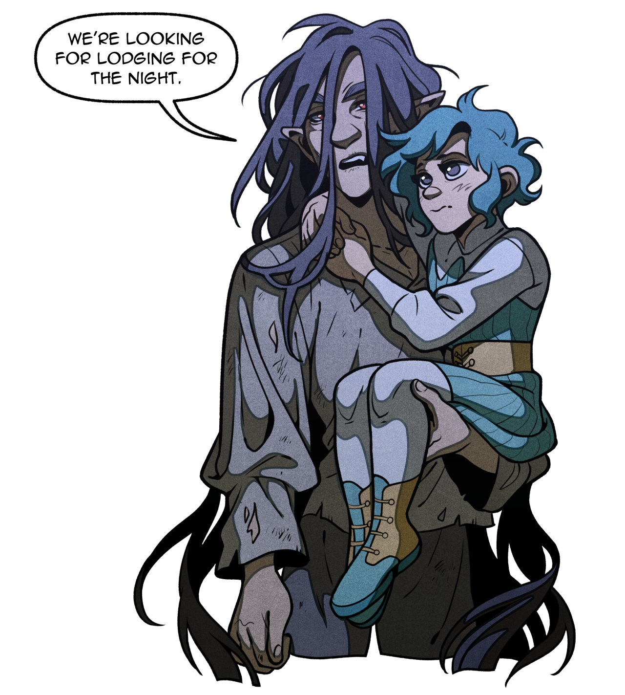 two stylized, illustrated characters against a white background. the taller figure is drawn with exaggerated features and long dark hair, holding a smaller, rounder figure with blue hair. the taller figure wears drab clothing and has a speech bubble stating "we're looking for lodging for the night." the art style is reminiscent of western comics with bold line work.