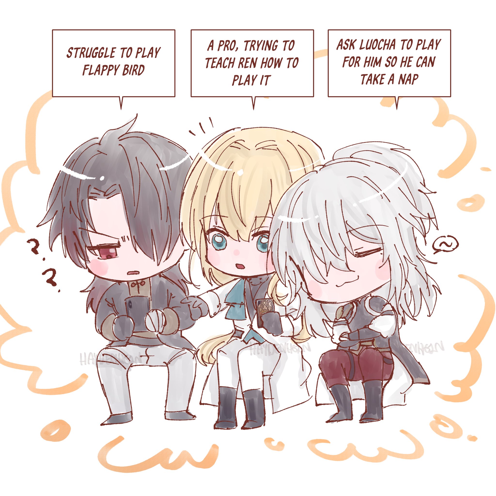 this is a cartoon drawing of three cute anime boys. they are all sitting down. the boy on the left is struggling to play a game on his phone. the boy in the middle is encouraging him to try harder. the boy on the right is trying to nap. they are all smiling and happy.