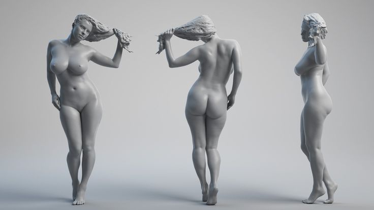 the image shows three identical 3d models of a nude female figure from different angles. the figure is standing and has long, flowing hair that is partially covering her face. she is posed in a relaxed and natural way, with her weight shifted to one leg. the models are rendered in a grayscale material that resembles clay or plaster, giving them a sculptural quality. the lighting is soft and diffused, highlighting the contours of the figure without casting harsh shadows. the background is a plain white studio backdrop, which helps to focus the viewer's attention on the figure.