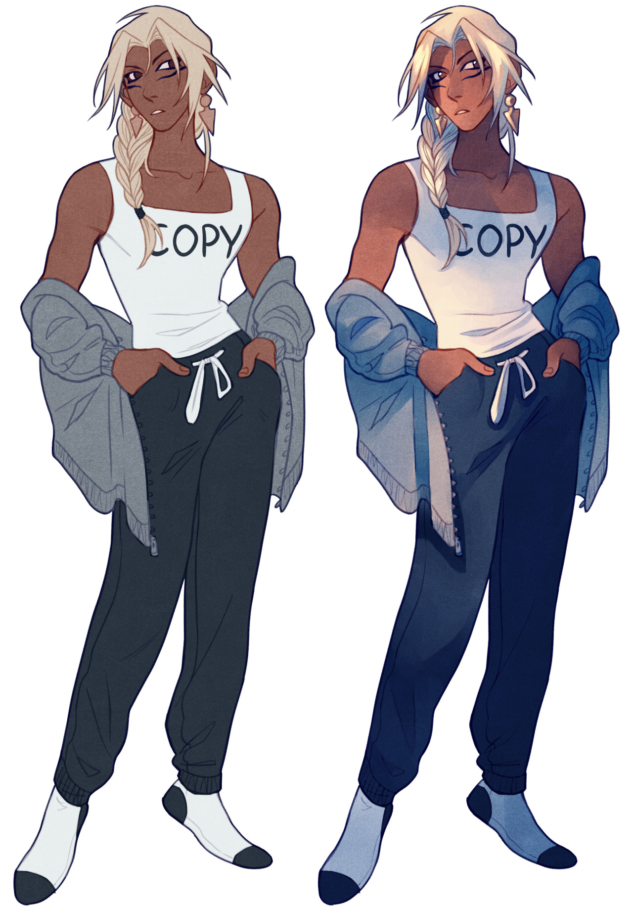 the image shows the same character design, a young man with blonde braids and brown skin, twice in slightly different color palettes. he is wearing a white tank top with the word "copy" on it, black sweatpants, white socks, and a blue jacket tied around his waist. the pose is identical in both versions of the character.
